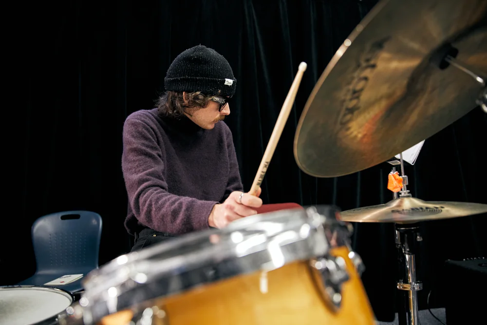 A Capilano University Jazz Studies student performing on drums