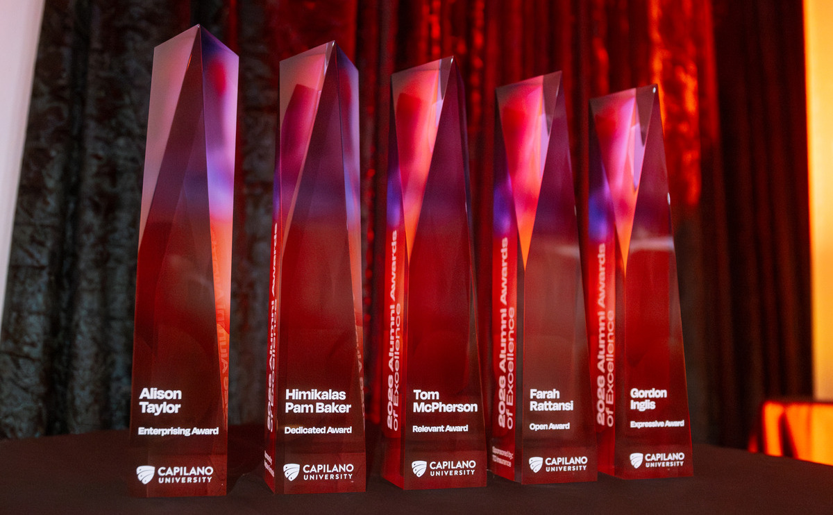 The five statues awarded to recipients at the 2026 Alumni Awards of Excellence.