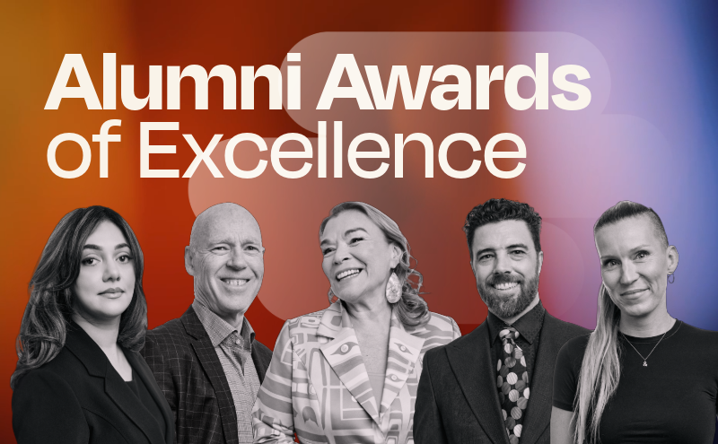 The five recipients of awards at Capilano University's 2026 Alumni Awards of Excellence event.