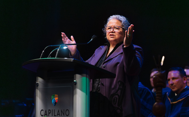 səlilwətaɬ (Tsleil-Waututh) Elder Carleen Thomas offered heartfelt greetings, sharing wisdom and grounding the gathering in respect and connection to culture.