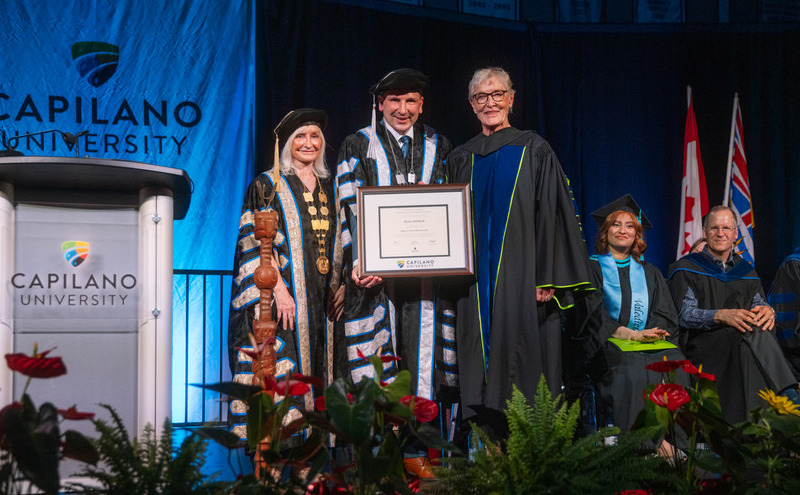 Caption: Chancellor Debi Doucette (left), President Jason Dewling (centre) and mace-bearer Alan Jenks (right).