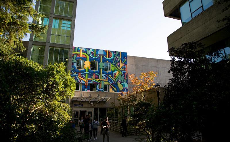 Mural by Andrew Tavukciyan on the exterior of the Birch Building 