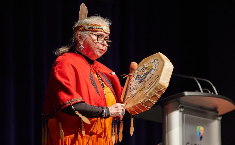 Elder Wendy Charbonneau performing her trilogy, “Resisting Injustice, Genocide and Linguicide” on Sept. 28, the National Day for Truth and Reconciliation