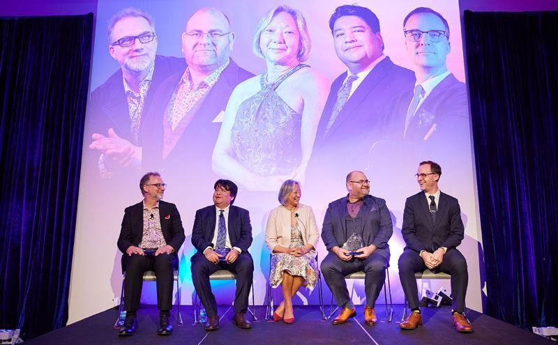This year’s Alumni of Excellence Award recipients, Irwin Oostindie, Mason Ducharme, Susan Chang, Chris May, and Reuben Avery.