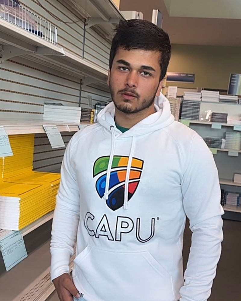A photo from his first day at CapU - he won this hoody through a quiz game