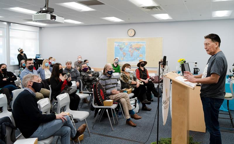 Elder Robert Joe speaks at his welcoming ceremony at the kálax-ay campus 