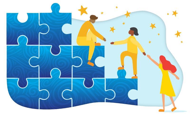 Illustration of people climbing puzzle pieces and helping each other 