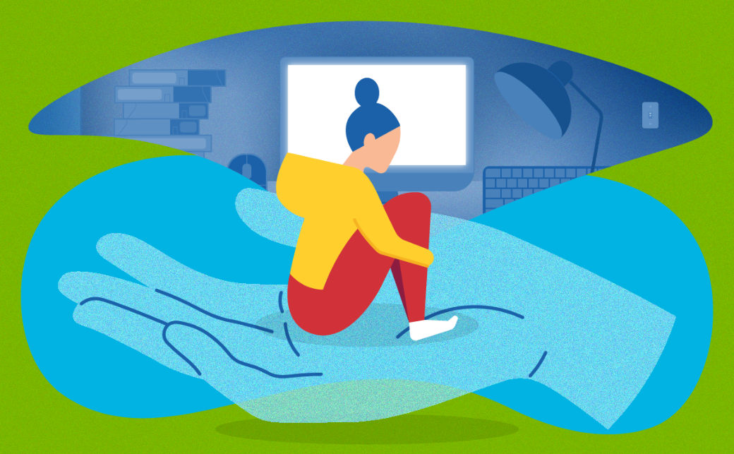 Graphic of person in need sitting within a hand