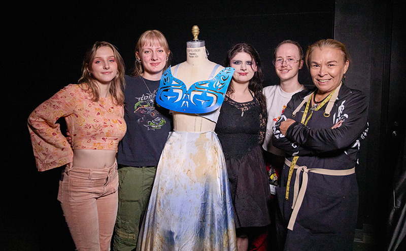 Pamela Baker (far right) pictured with Costuming Program students following a hands-on workshop focused on Indigenous fashion.
