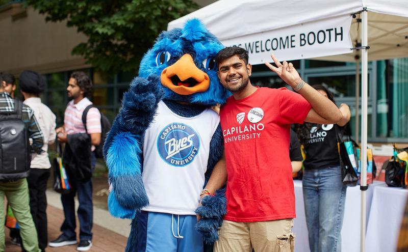 Jay, the CapU Blues mascot, dropped by to spread some cheer