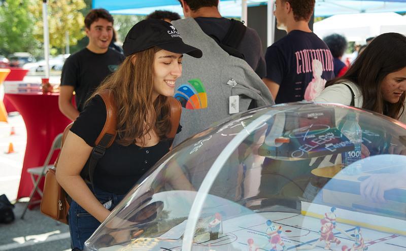 Having a blast playing bubble hockey