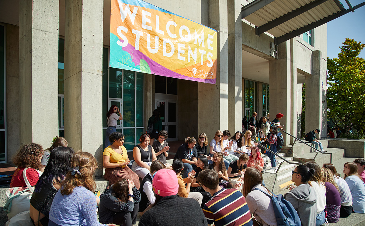 Students gathering outside the Birch Building