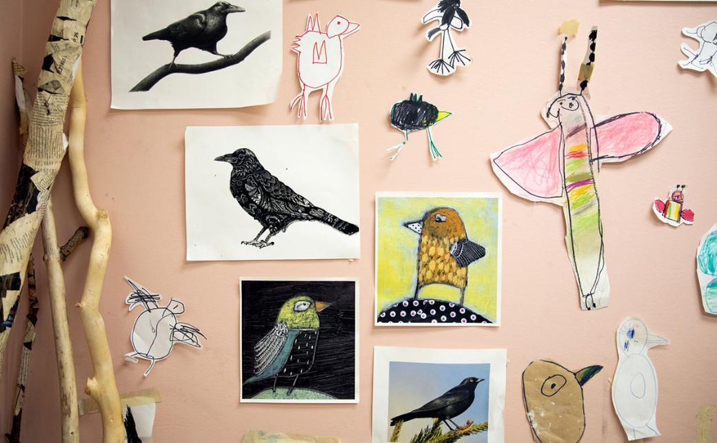 Drawings posted on wall 