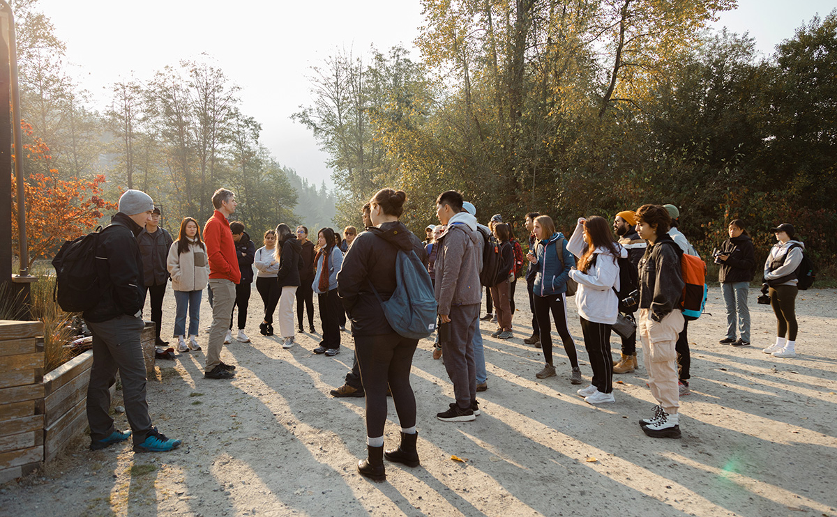 CapU Biology instructor Thomas Flower with students at the Howe Sound Biosphere.