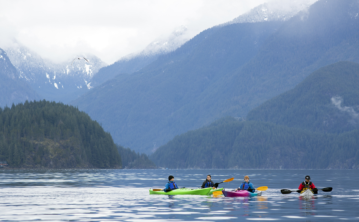 four kayakers in deep cove with mountains in the background