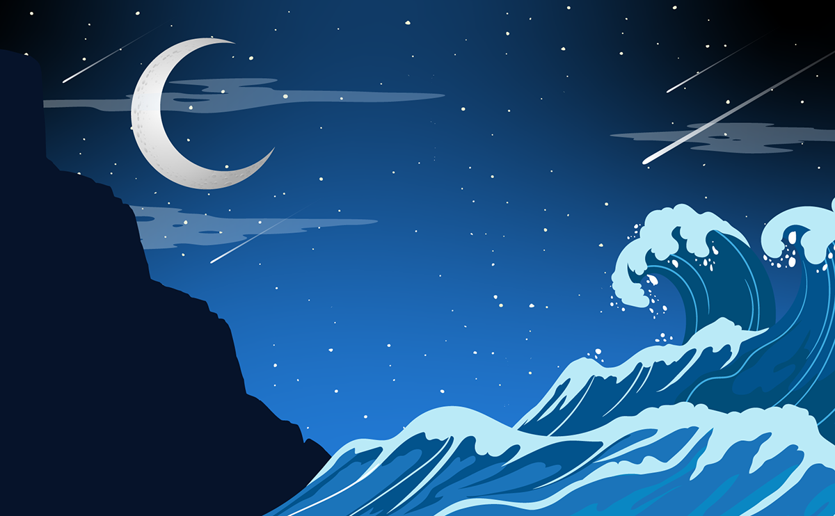 Mountains, moon and ocean with crashing waves, at night