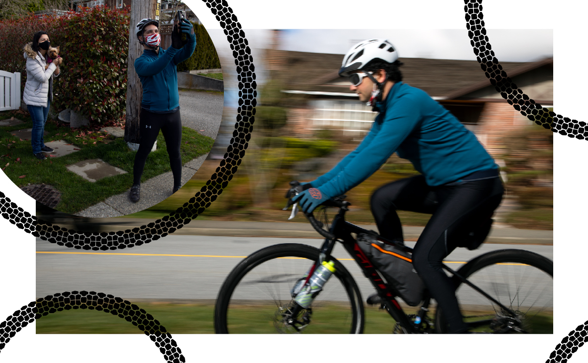 Two photos of Nazmi Kamal, taking a selfie with a student and riding his bike. On top of the photos there are illustrations of bike treads.