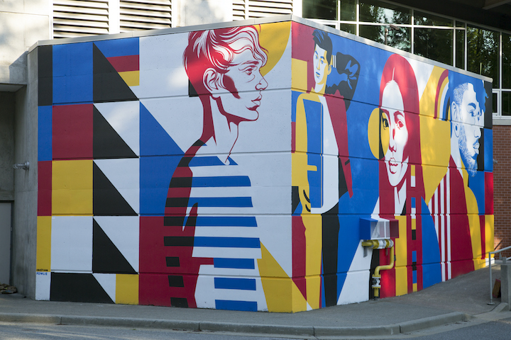 A photo of the Birch Building mural, painted by Cristian Fowlie for the CapU50 project in 2018.