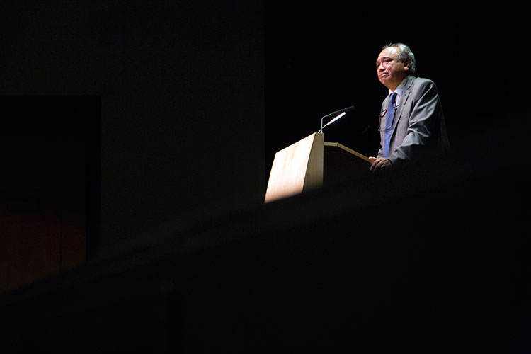 Steven Point, OBC, gives the keynote speech to conclude Capilano University's Truth and Reconciliation Week on Friday, Sept. 28, 2018. Point, a Provincial Court of British Columbia judge and former Lieutenant Governor of British Columbia, received an Honorary Degree from the University.