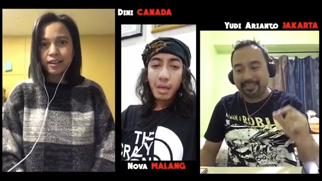 Singing with with my friends in Indonesia during quarantine time. In this photo, I was singing with my friends from different cities in Indonesia. We were singing to give support for our country, friends and family to keep positive in this difficult time. Submitted by Dini Artani.