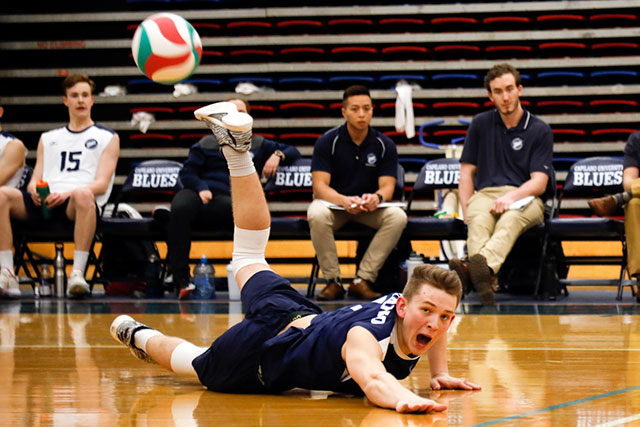 Marcus Bratsberg dives for a dig in the Capilano Blues’ 3-0 (25-19, 25-19, 25-21) win over Columbia Bible College on Jan. 24, 2020. (Photo by Tae Hoon Kim)