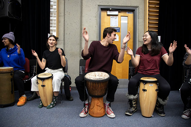 Drumming in a workshop with CapU artist-in-residence Kofi Gbolonyo on Jan. 10, 2020. (Photo by Tae Hoon Kim)