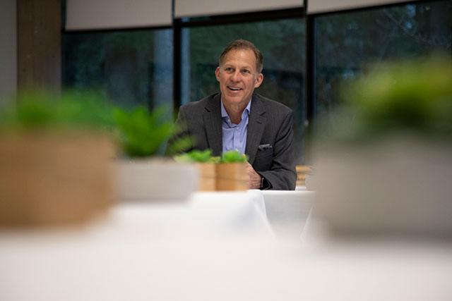 President Paul Dangerfield speaks to new employees during a welcome breakfast event on Jan. 28, 2020. (Photo by Tae Hoon Kim)