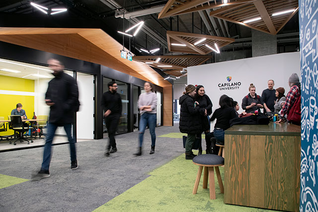 Students between classes at CapU Lonsdale on Feb. 13, 2020. (Photo by Tae Hoon Kim)