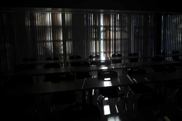 An empty classroom in the Cedar building on March 16, 2020.