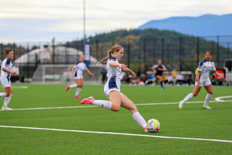 Blues forward Sasha Faris steps into a shot during a 0-0 draw for Capilano against Langara College on Sunday, Oct. 6, 2024, at the new CapU Squamish turf field (Vancouver Sports Pictures)