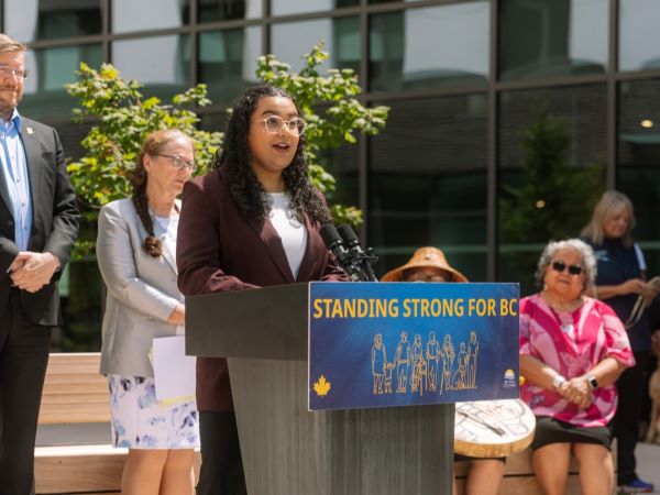 Manroop Kaur speaking at student housing opening