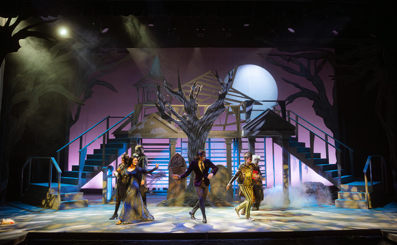 Student cast performing on stage during the theatre production of The Addams Family musical at the Capilano University Centre for the Performing Arts.