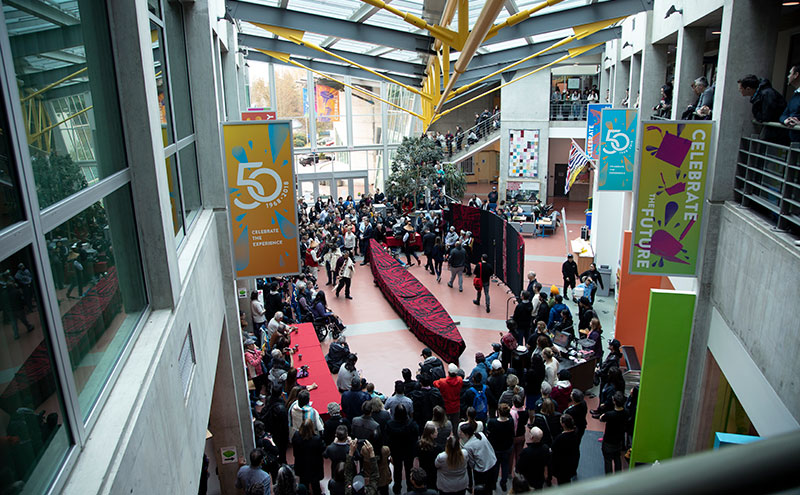 Capilano University hosts the Legacy Canoe Awakening and Naming Ceremony on Thursday, April 11, 2019. The ceremony marked the completion of the CapU50 Legacy Canoe, named SkwÕch‡ys, created by master carver Ses siyam and carver Xats'alanexw siyam.