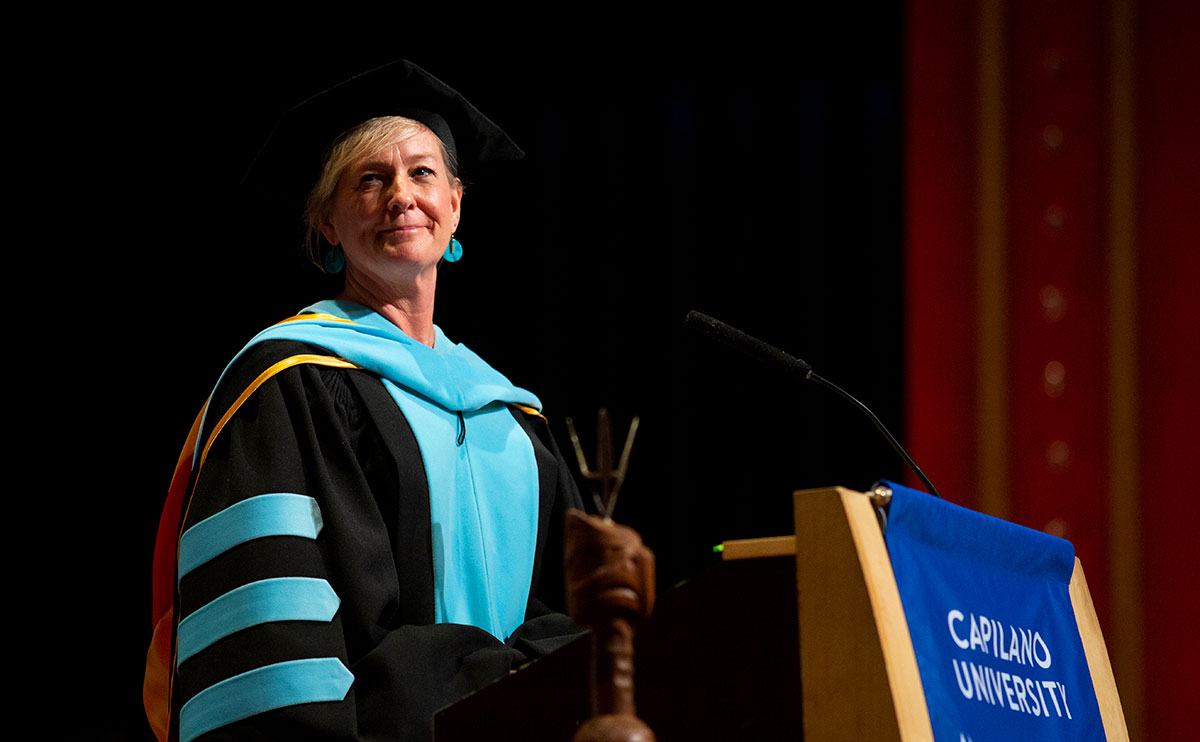 Laureen Styles delivering her speech at CapU's 2020 Convocation Ceremonies.