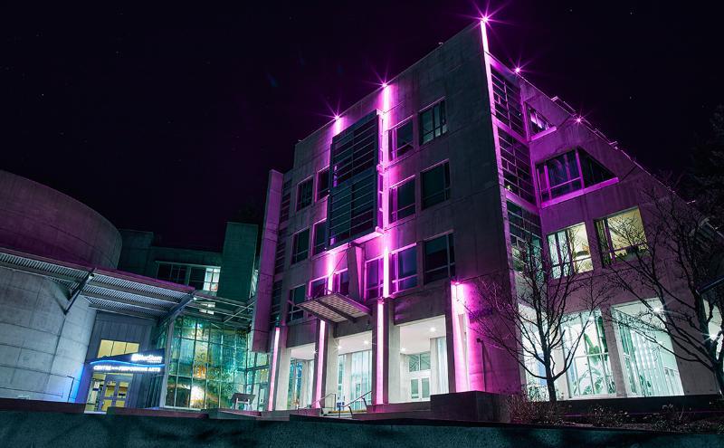 Birch Building lights lit in pink to commemorate Pink Shirt Day March 20-24, 2023