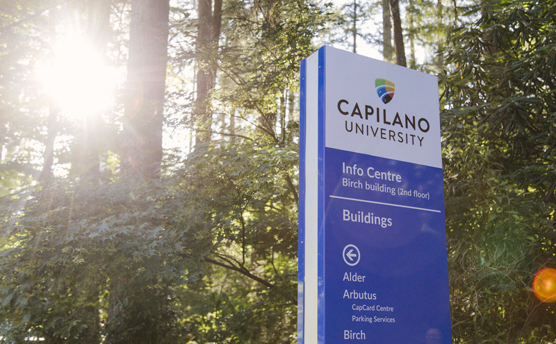 A photo of the Capilano University sign at North Vancouver campus.