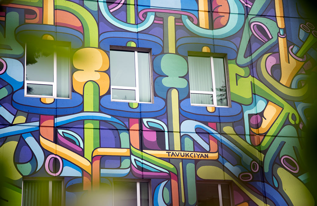 Close up of mural on side of Birch Building