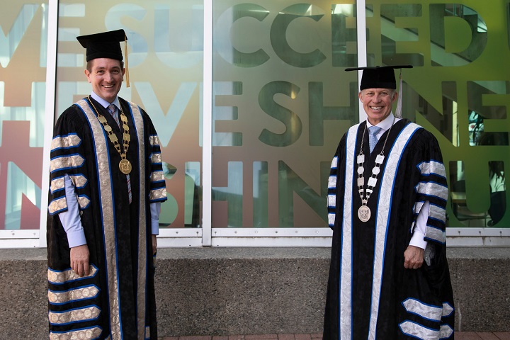 Capilano University President Paul Dangerfield and Chancellor Yuri Fulmer on the day Fulmer was installed as the chancellor at CapU.