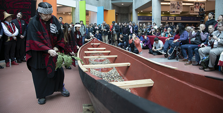 Capilano University hosts the Legacy Canoe Awakening and Naming Ceremony on Thursday, April 11, 2019. The ceremony marked the completion of the CapU50 Legacy Canoe, named Skw’cháys, created by master carver Ses siyam and carver Xats'alanexw siyam. 