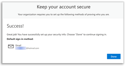 Screenshot showing Success message indicating your security information is set up