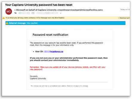 Screenshot on the email confirming your password has been reset.