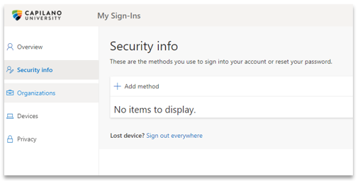 Screenshot showing Microsoft My Sign-Ins security info tab