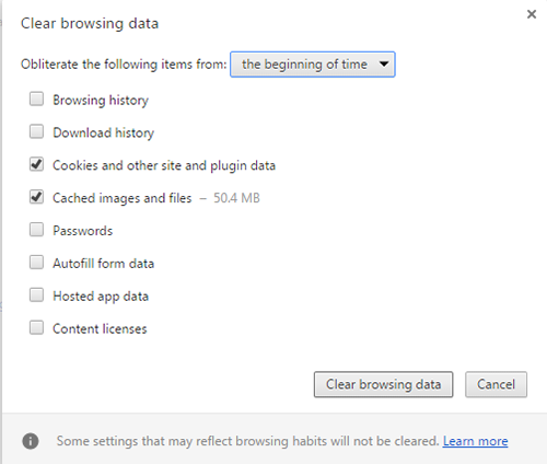 Chrome Clear Browsing Data screen