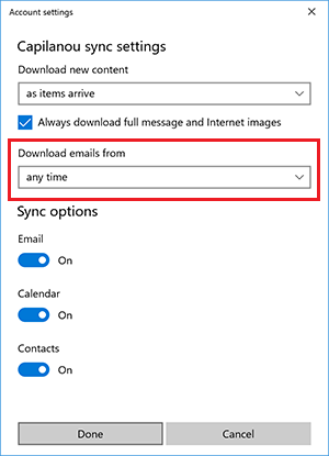 Windows Mail Account sync options