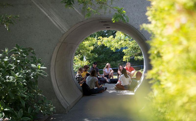 Students sitting outside of the Birch Building 