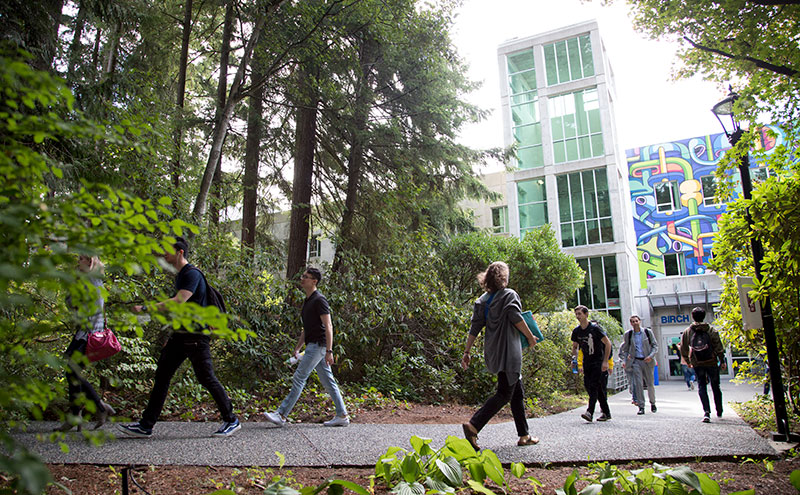 Students walking pathway to Birch Building