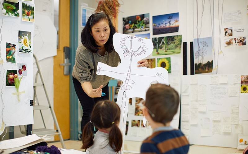 ECCE student holding up a paper stick figure drawing with two students.