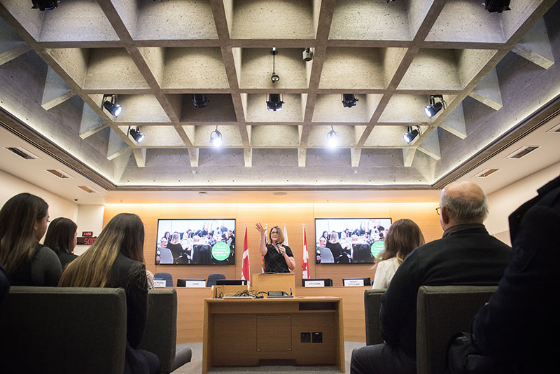 North Vancouver City mayor Linda Buchanan making a speech at city hall.