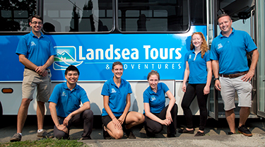 Ryan, Irvin, Tessa, Jennifer, Savannah and Kevin Pearce, Co-Owner and CapU Tourism alumni of Landsea Tours