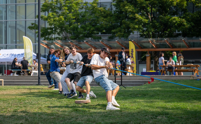 Students playing tug-of-war at Squamish campus